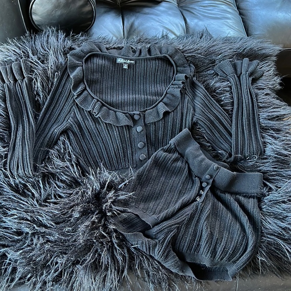 For Love & Lemons XS Black Knit Set - Long Sleeve Top + Booty Shorts Bottoms